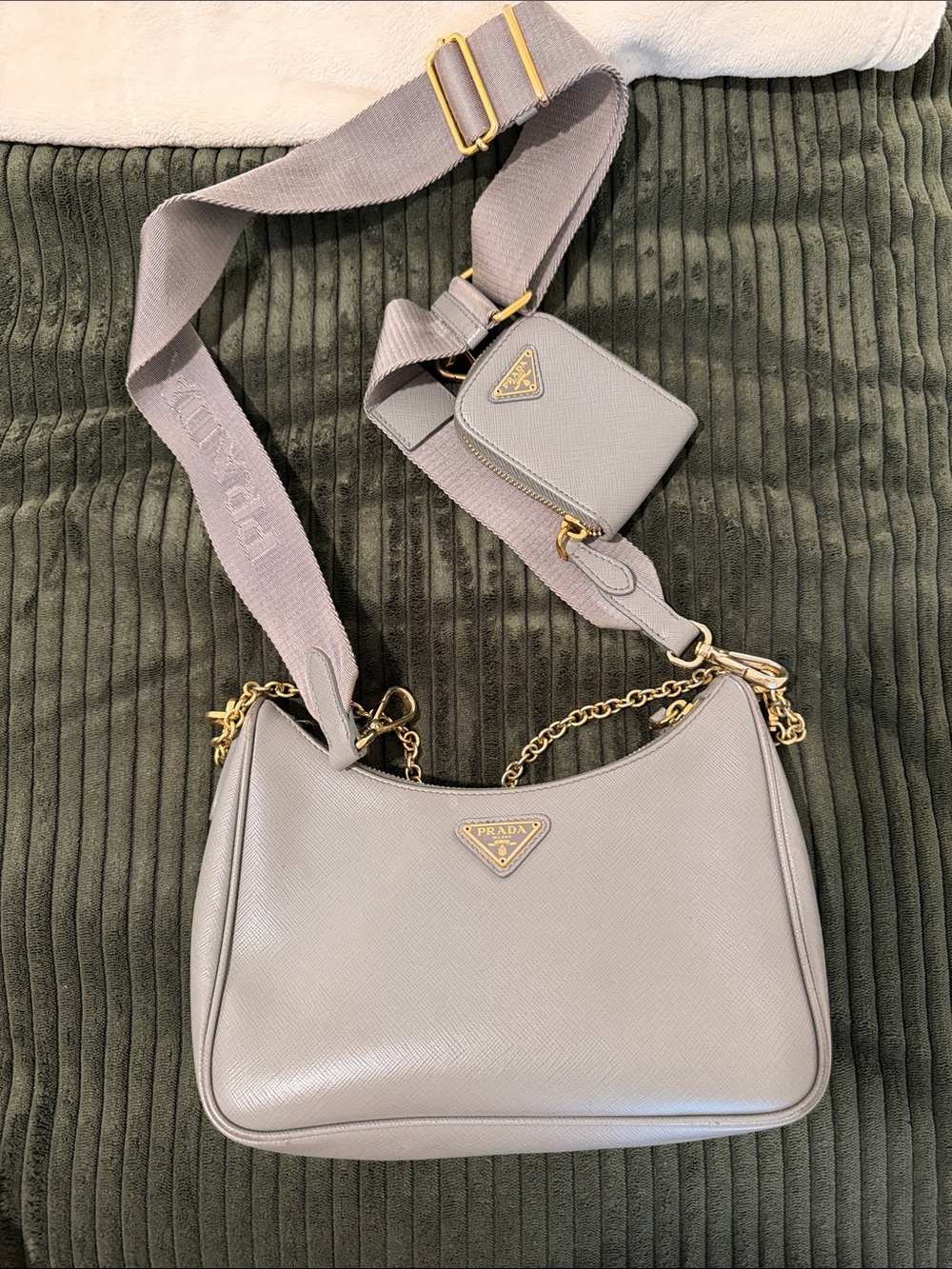Prada Lavender-Grey Saffiano Leather Shoulder Bag with Coin Pouch